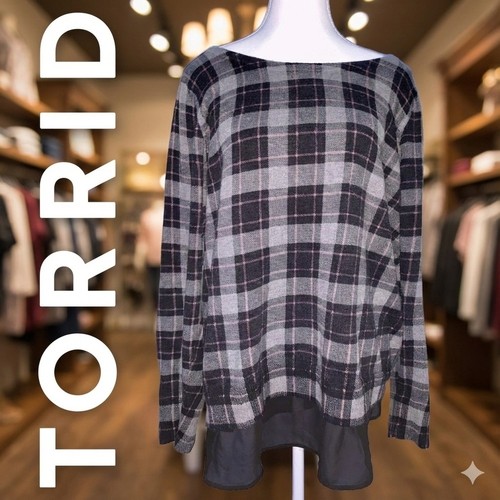 Torrid Plaid Layered Look Sweater - Grey/Pink/Black - Size 2X