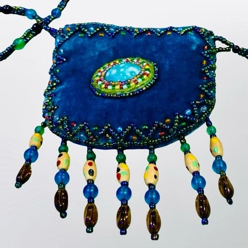 Vintage Beaded Velvet Mini Bag Boho Crossbody Blue Unique Aesthe