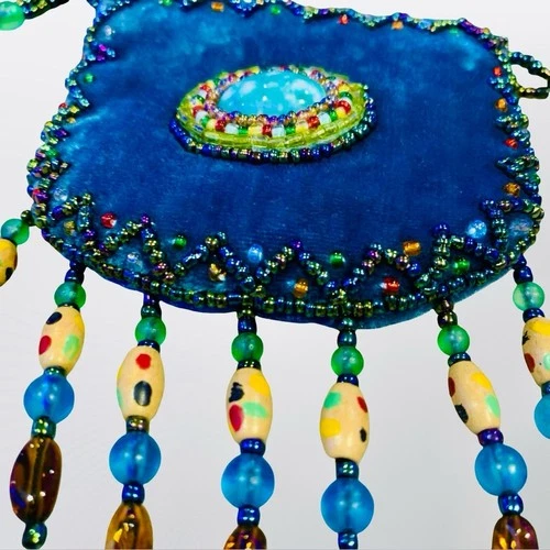 Vintage Beaded Velvet Mini Bag Boho Crossbody Blue Unique Aesthe - photo 2