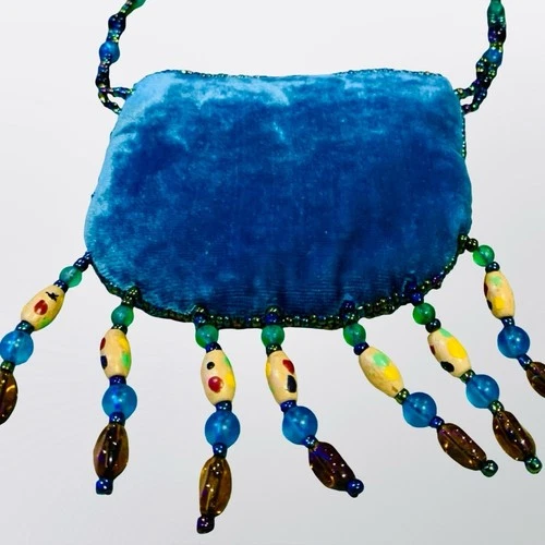 Vintage Beaded Velvet Mini Bag Boho Crossbody Blue Unique Aesthe - photo 3