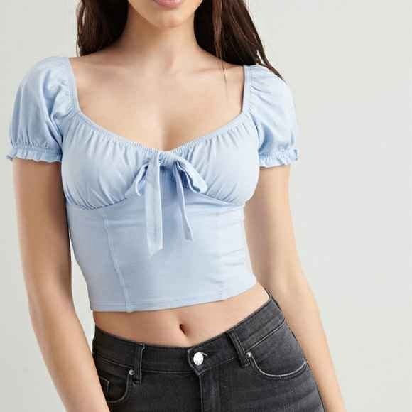Pale Blue Puff Sleeve Crop Top - Size P/S