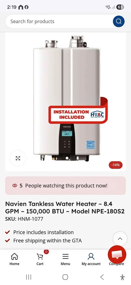 Navien Tankless Water Heater 8.4 GPM 150,000 BTU NPE-180S2