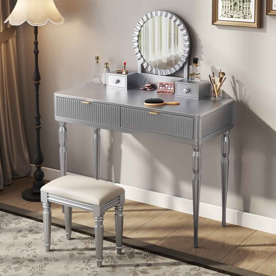 Dressing table with sunflower mirror, 4 drawers and stool - photo 2