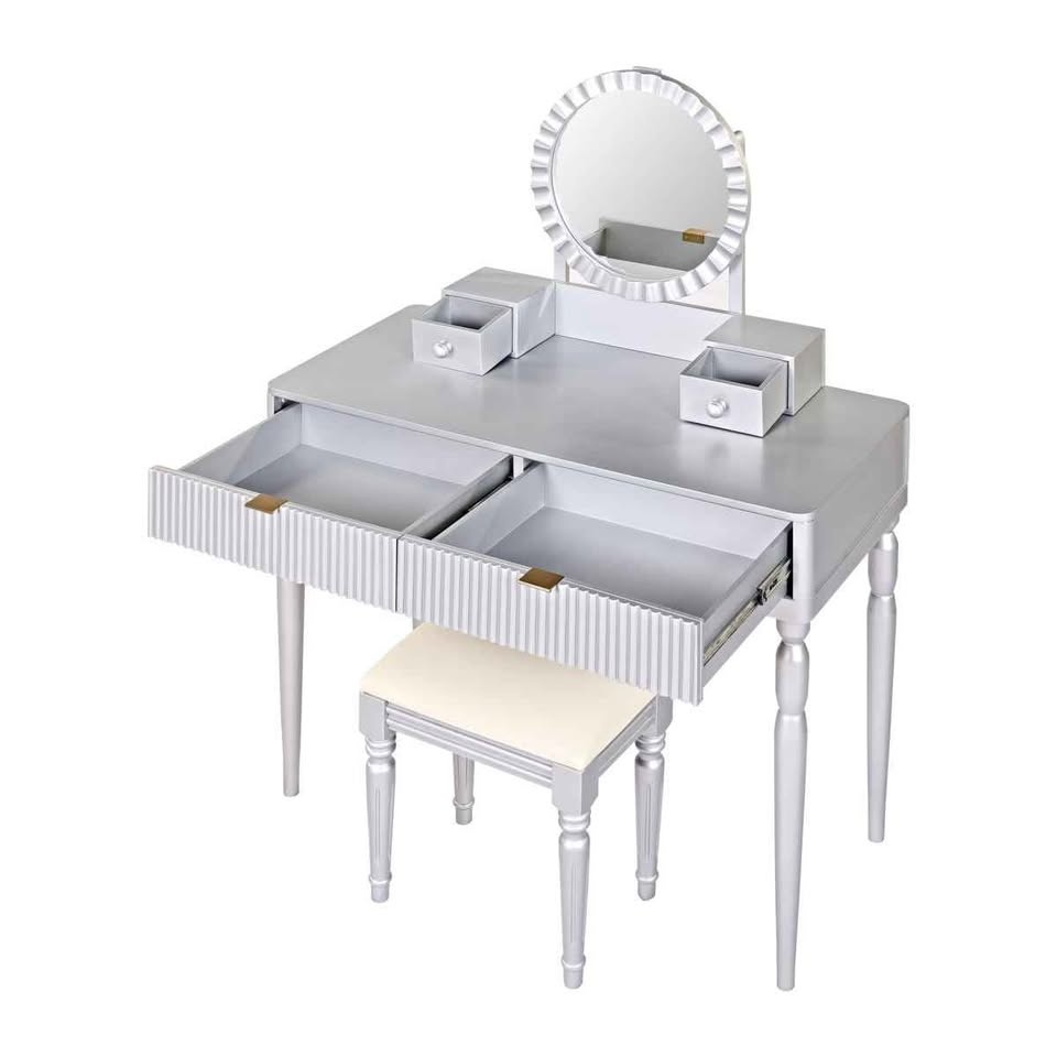 Dressing table with sunflower mirror, 4 drawers and stool - photo 3