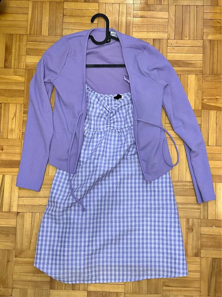 Small Cute Purple Gingham Dress + Cardigan