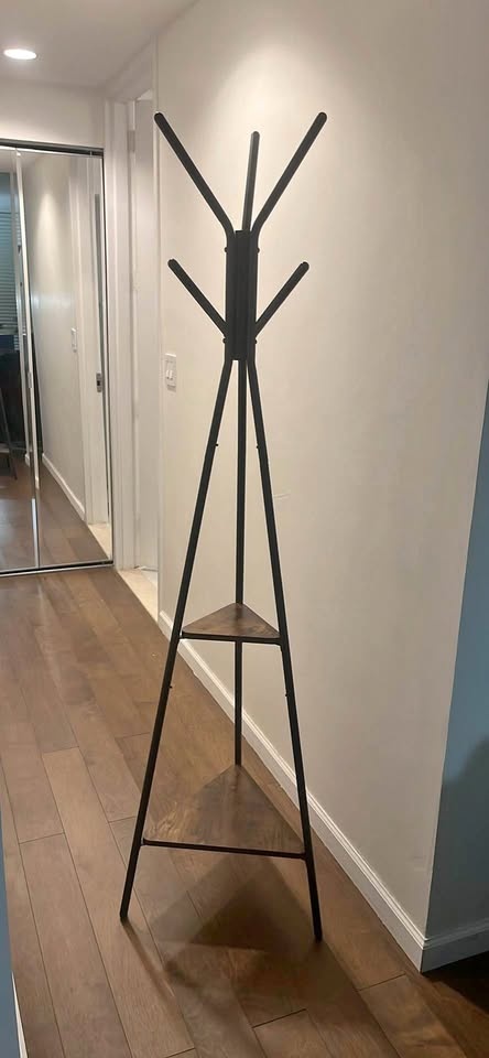 Black Metal Coat Rack with Wood Shelves