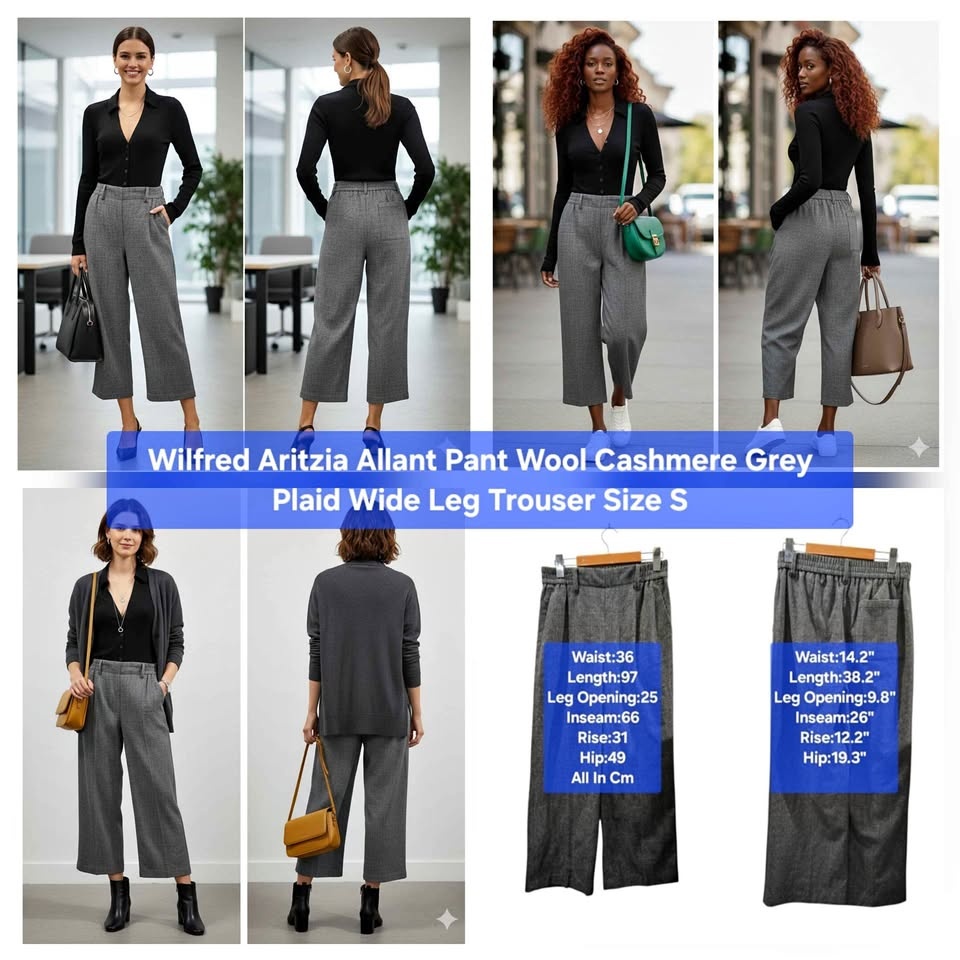 Aritzia Wilfred Allant Pant Wool Cashmere Grey Plaid Wide Leg Tr