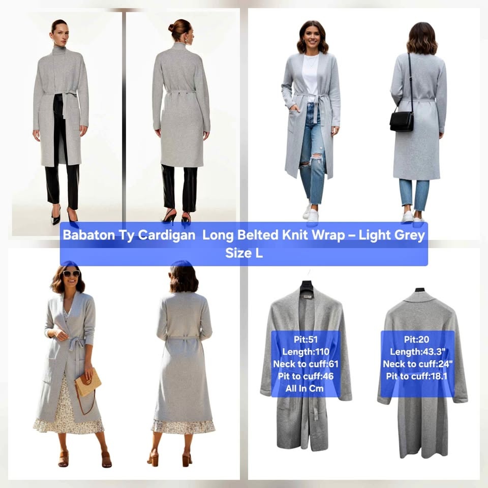 Babaton Ty Cardigan - Long Belted Knit Wrap - Light Grey - Size
