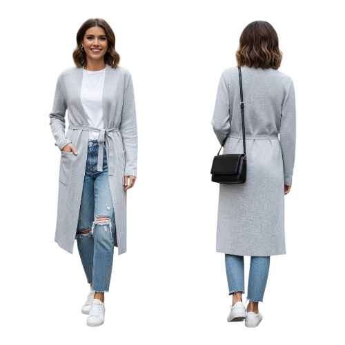 Babaton Ty Cardigan - Long Belted Knit Wrap - Light Grey - Size - photo 4