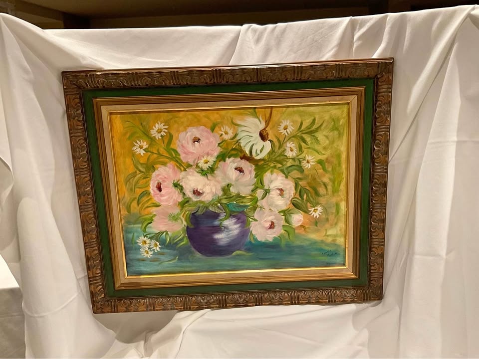 Vintage Oil Floral Painting Original Louise Miller Ornate Frame