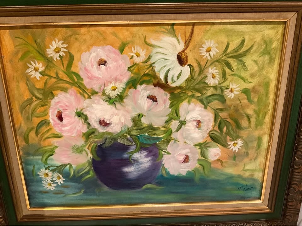 Vintage Oil Floral Painting Original Louise Miller Ornate Frame - photo 3