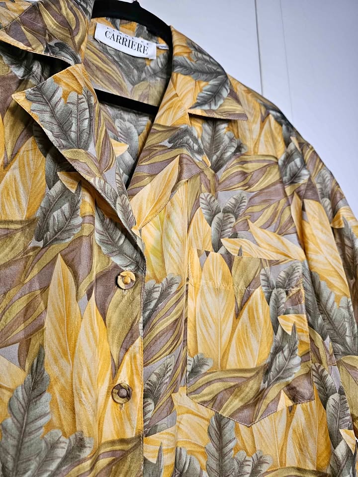 100% Silk XL Vintage Tropical Leaf Print Hawaiian Shirt
