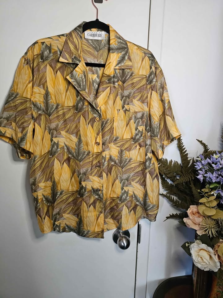 100% Silk XL Vintage Tropical Leaf Print Hawaiian Shirt - photo 2