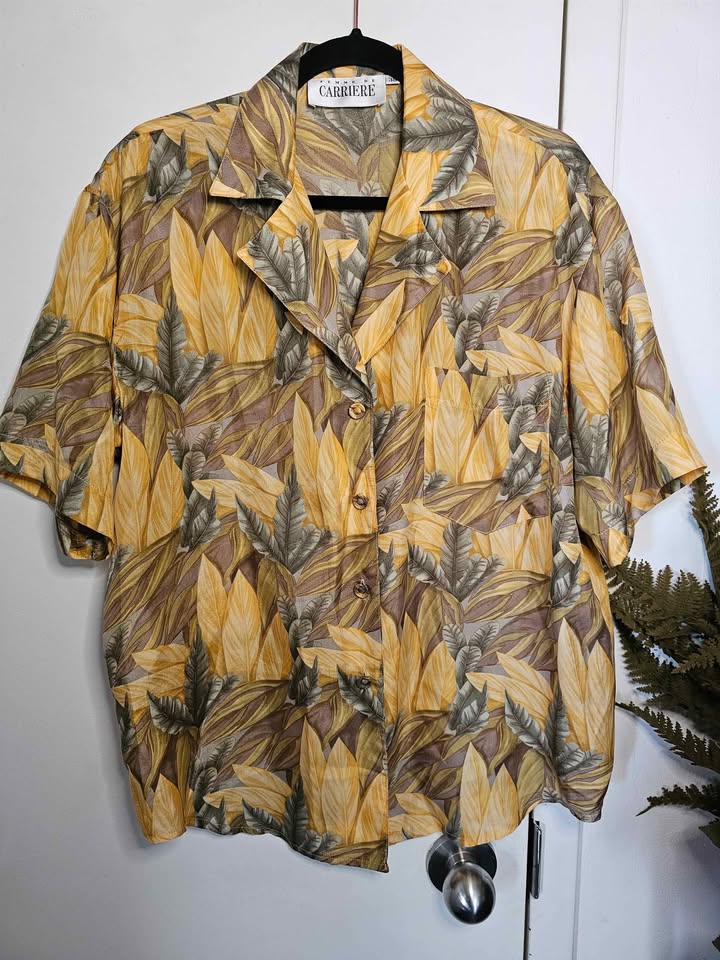 100% Silk XL Vintage Tropical Leaf Print Hawaiian Shirt - photo 3