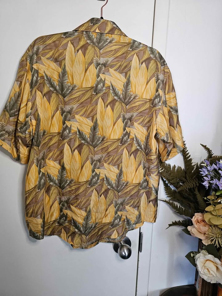 100% Silk XL Vintage Tropical Leaf Print Hawaiian Shirt - photo 5