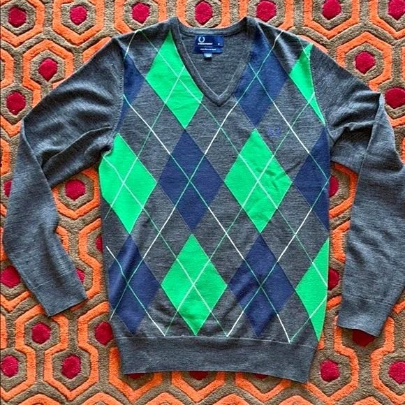 🏆 Fred Perry V-Neck Sweater Gray Green Argyle Wool Men's SM