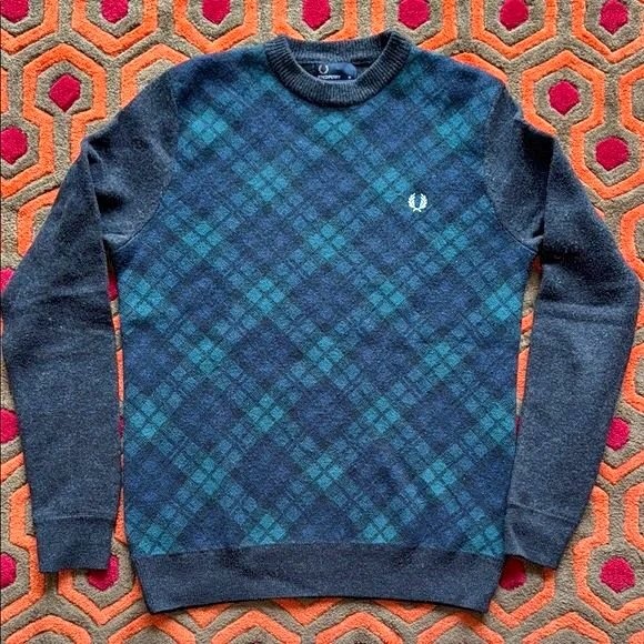 🏆 Fred Perry Blue Green Plaid Tartan Crewneck Wool Sweater Men's