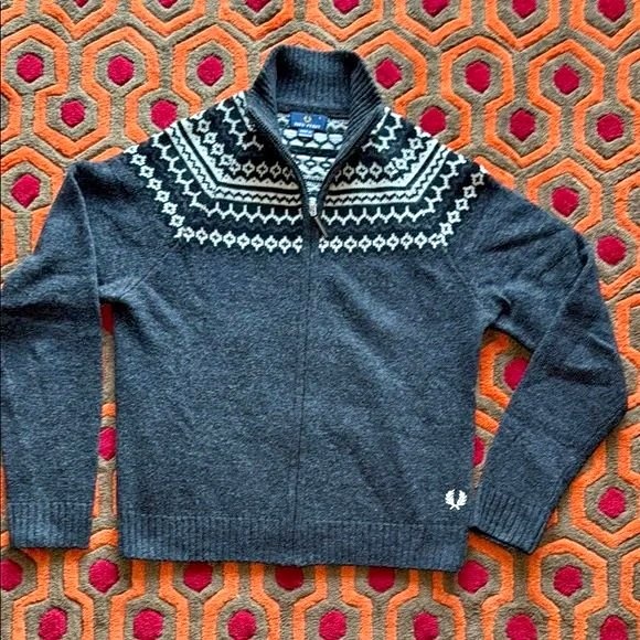 🏆 Fred Perry Gray White Wool Zip Up Sweater Fair Isle Men's Sm