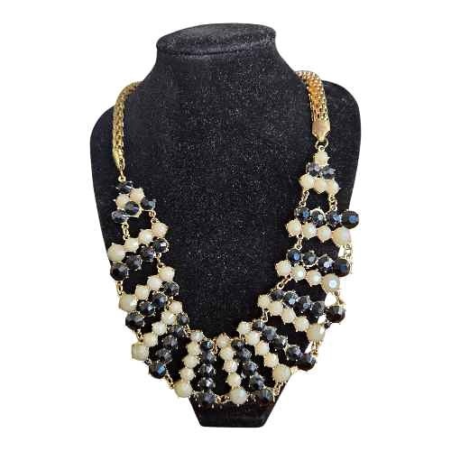 Vintage Gold Tone Statement Collar Necklace - Black & Ivory Bead