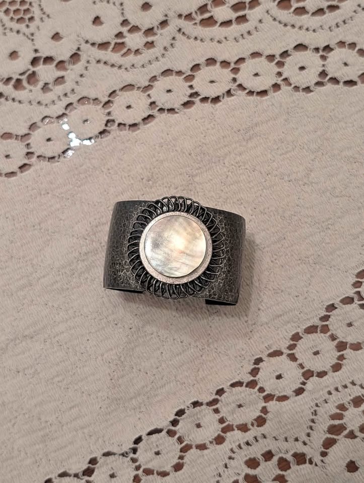 Hammered Metal Cuff Bracelet with Mother of Pearl Inlay
