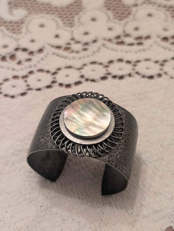 Hammered Metal Cuff Bracelet with Mother of Pearl Inlay - photo 2
