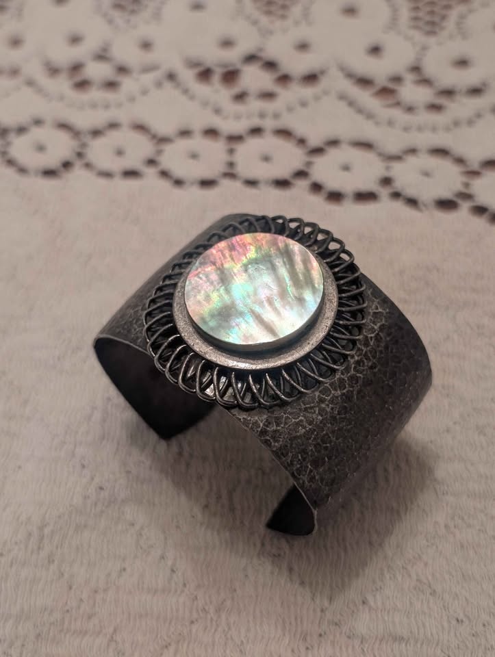 Hammered Metal Cuff Bracelet with Mother of Pearl Inlay - photo 3