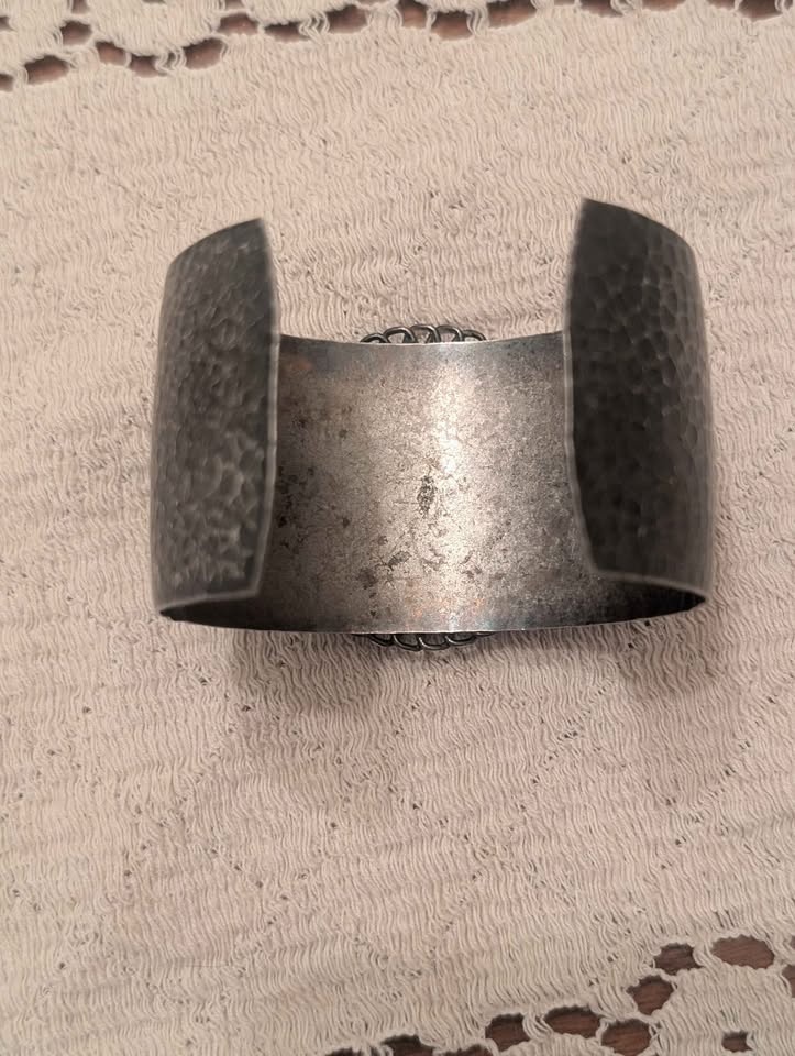 Hammered Metal Cuff Bracelet with Mother of Pearl Inlay - photo 4
