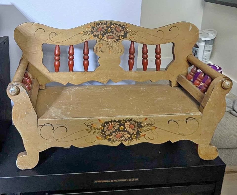 Handmade and painted wooden bench for dolls