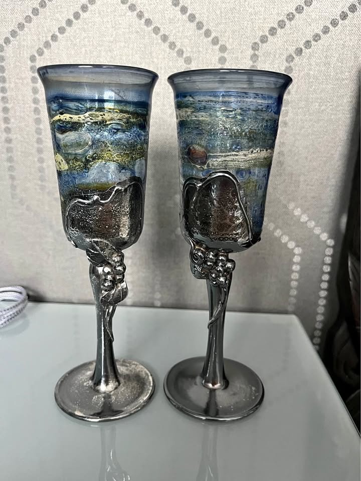 Vintage Hand Blown Glass & Silver Plated Champagne Flutes (Pair)