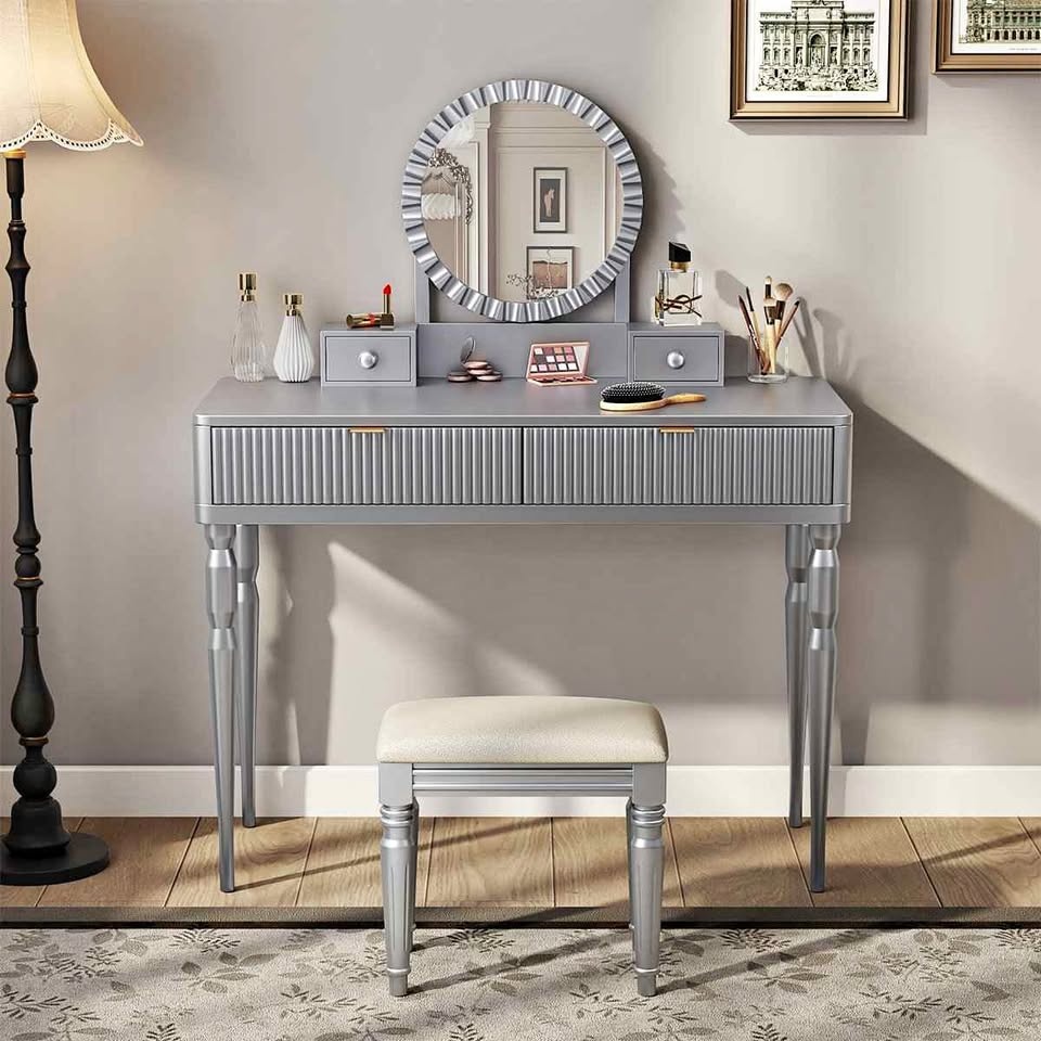 Dressing table with sunflower mirror, 4 drawers, stool