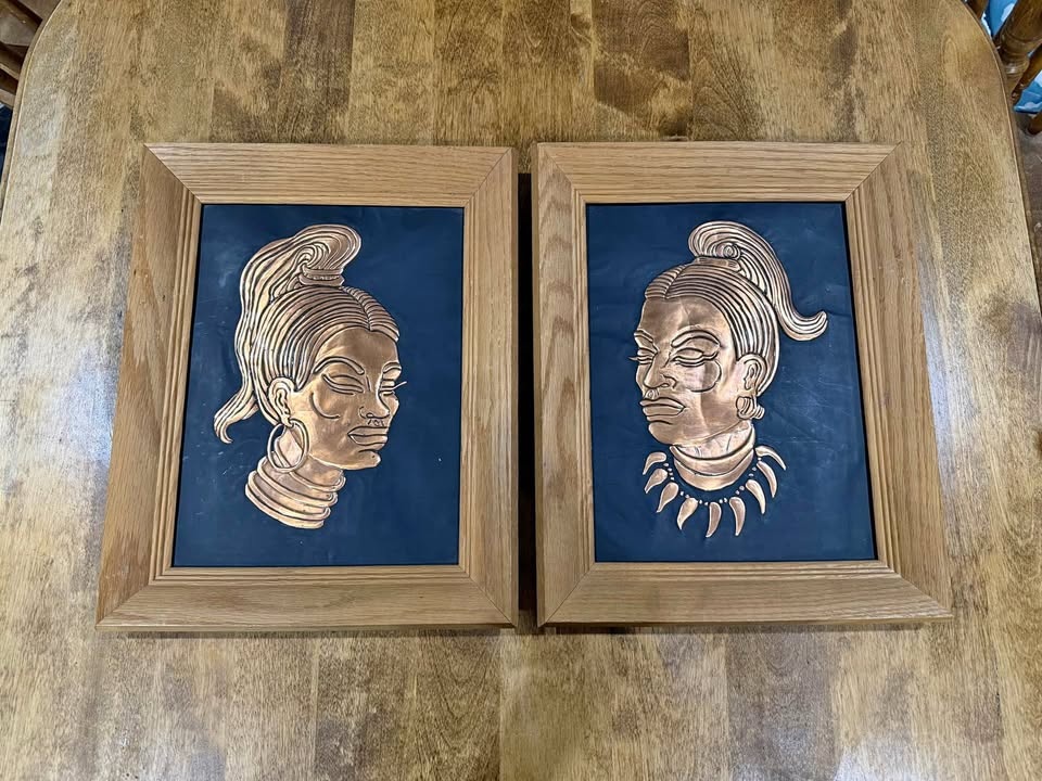 Copper Wall Art Set - Embossed Female Portraits, Framed (2 Piece