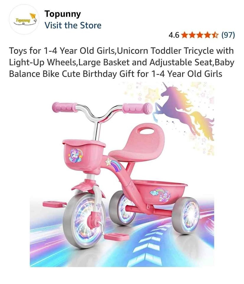 Topunny Unicorn Toddler Tricycle Pink Light-Up Wheels Adjustable