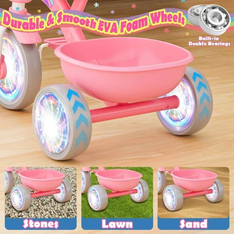 Topunny Unicorn Toddler Tricycle Pink Light-Up Wheels Adjustable - photo 3