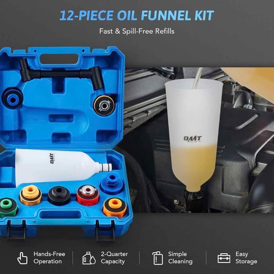 OMT 12-Pc Engine Oil Funnel Kit Spill-Free 2-Qt w/ Adapters - photo 2