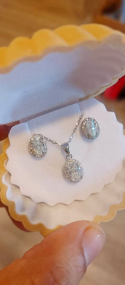 2 ct Lab Diamond Oval Earrings & Necklace Set - free test