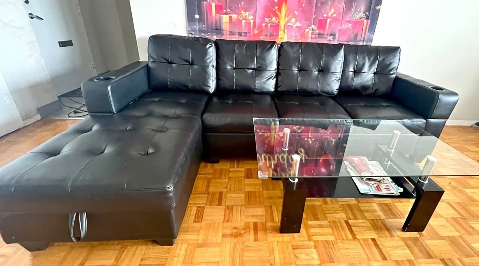 Black Sectional Sofa + Glass Coffee Table - Both: $250, Sofa: $2