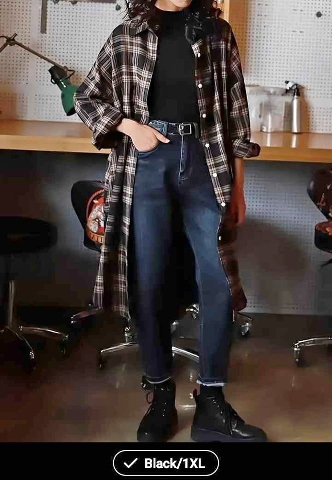 1XL Size Loose Fitting Checkered Shirt for Women
