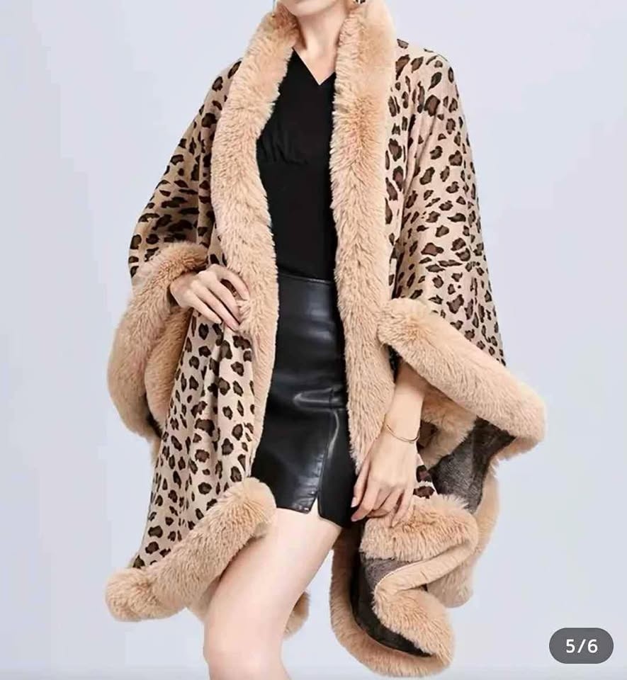Leopard Print Faux Fur Cape - One Size
