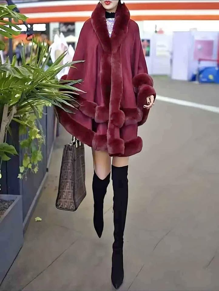 Burgundy Faux Fur Trim Cape