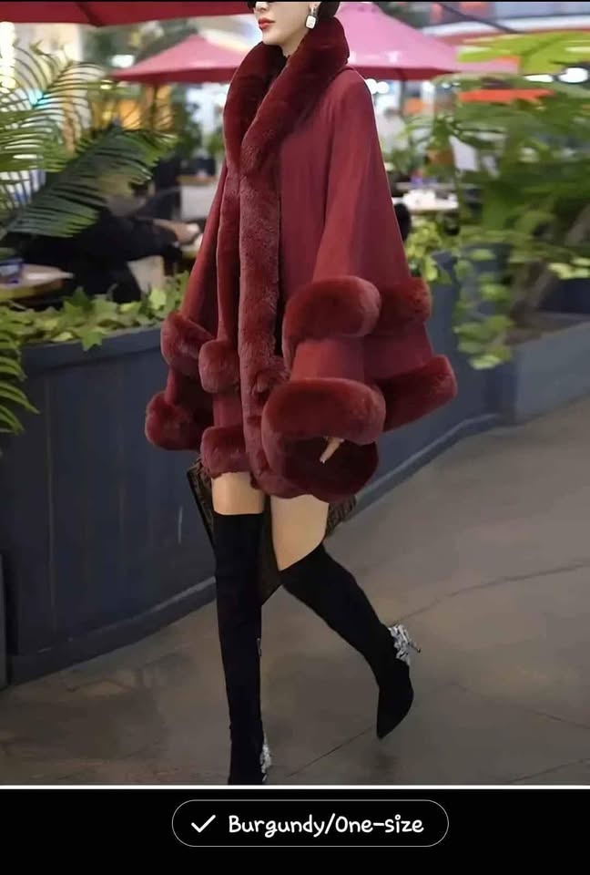Burgundy Faux Fur Trim Cape - photo 2