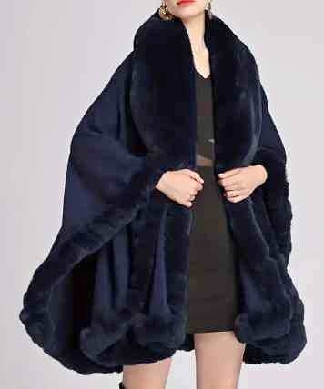 Dark Blue Faux Fur Collar Cardigan Cape - One Size