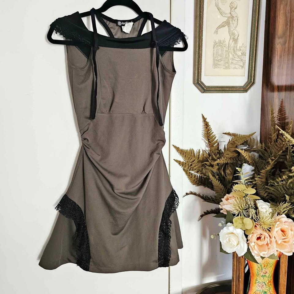 Plastik Wrap Goth Mini Dress XS Olive Green Black Lace