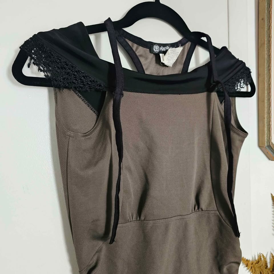 Plastik Wrap Goth Mini Dress XS Olive Green Black Lace - photo 2