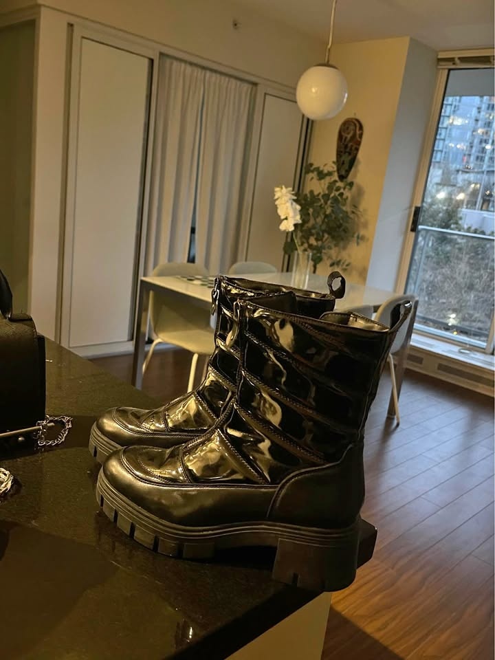 Brand new black ankle lacquered boots. Women Size 6.5 - 7