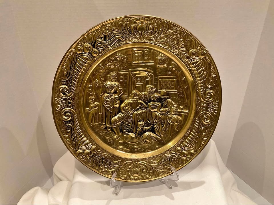 Vintage Embossed Brass Wall Plate 14" Made in England