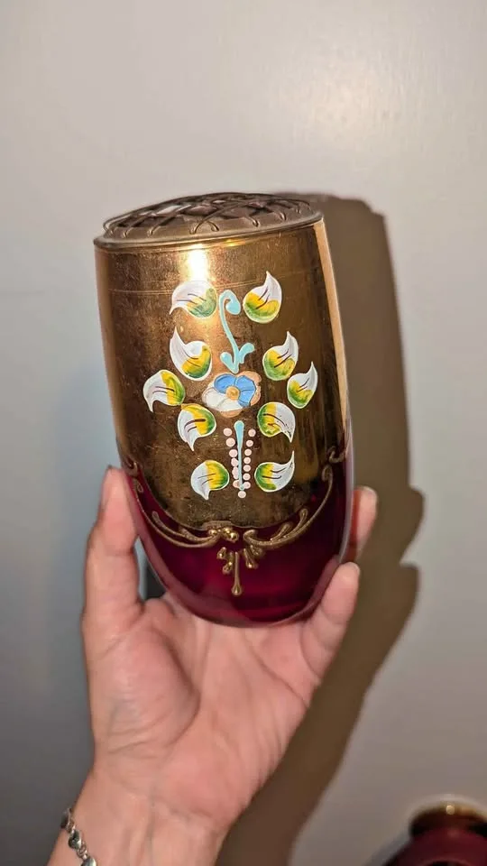 Czech Ruby Red Glass Vase with Brass Flower Frog thumbnail