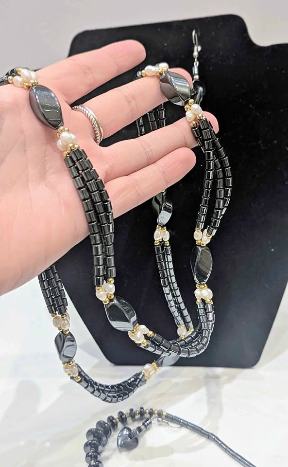 Vintage Hematite Necklace, Heart Earrings & Ankle Bracelet Set