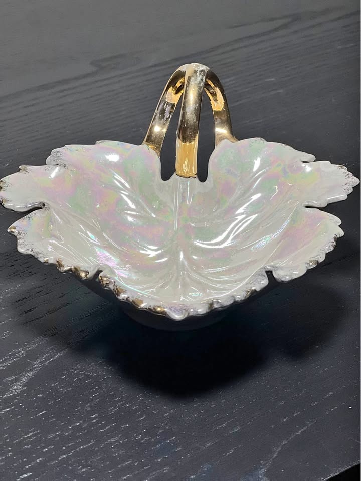 Vintage Iridescent Ceramic Leaf Dish w/ Gold Handle
