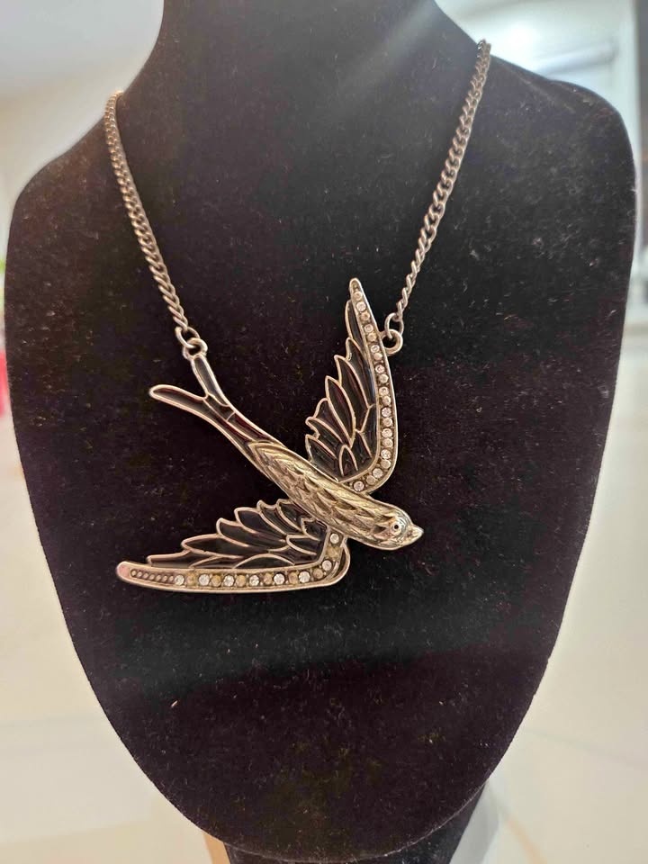 Statement Bird Necklace – Antique Tone with Crystal Accents