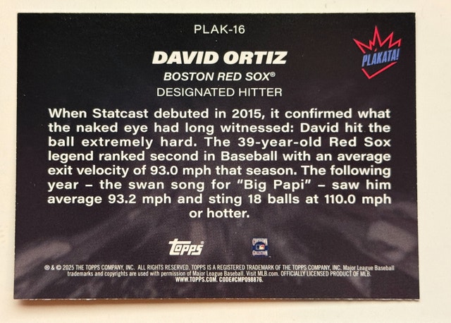 2025 Topps David Ortiz "Big Papi" Plakata! SSP #PLAK-16 - photo 2